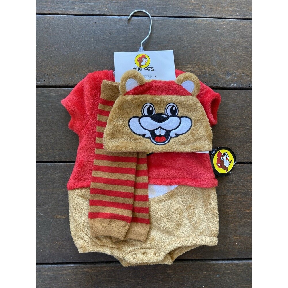 Buc-ee’s Infant 9Mo 3-Piece Novelty Romper Set Hat Legwarmers Gas Station Beaver